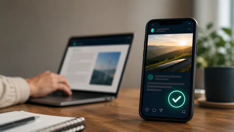 Hotový návrh příspěvku na telefonu, zatímco se na notebooku ještě čte vysvětlení